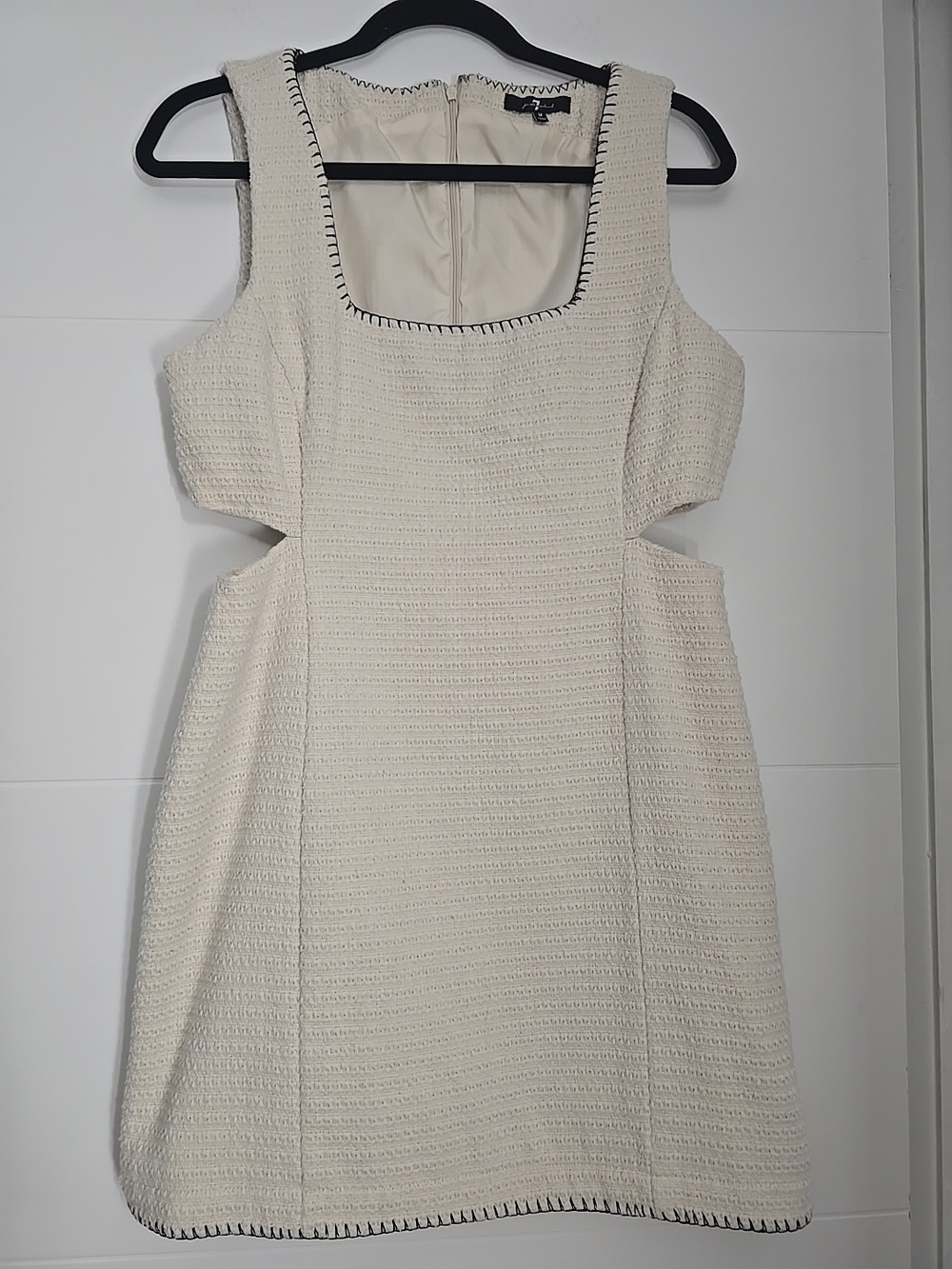 7 For All Mankind Tweed Cut-Out Mini Dress M Cream Blanket Stitch Read Condition